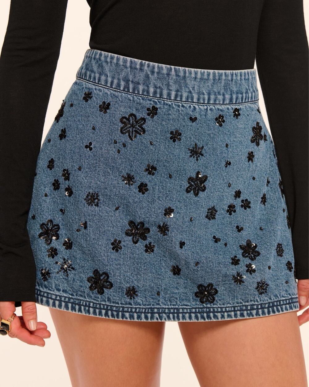 Ramy Brook Sally Mini Skirt in Blue Denim Black Floral Beads Sz 6
